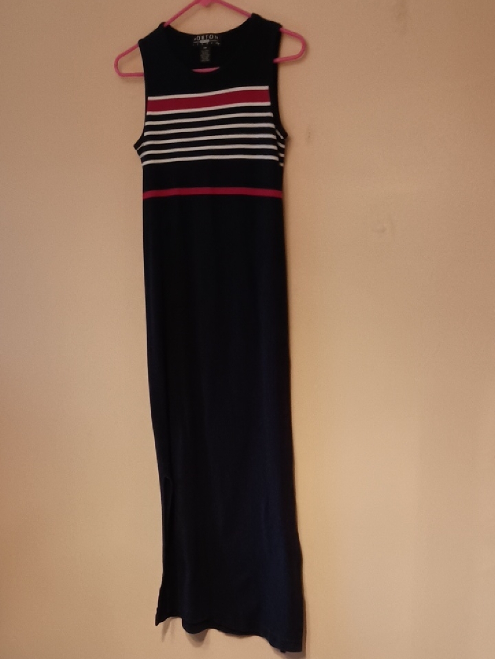 Sleeveless Navy Maxi Dress with Red and White Stripe Detail, Side Slits, Sz MP